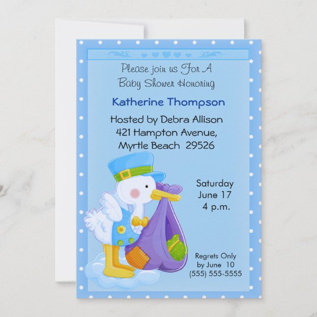 Invitation au Baby shower de cigogne (Devant)