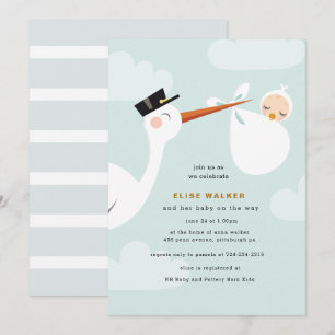 Invitation au Baby shower de cigogne avec nuages