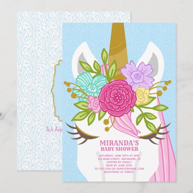 Invitation au Baby shower de clôture Unicorn (Devant / Derrière)
