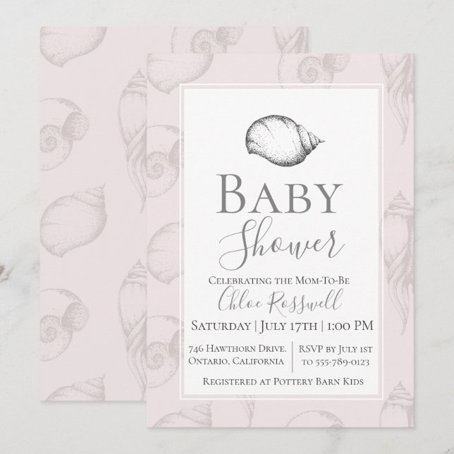 Invitation au Baby shower de coquillages doux (Devant / Derrière)