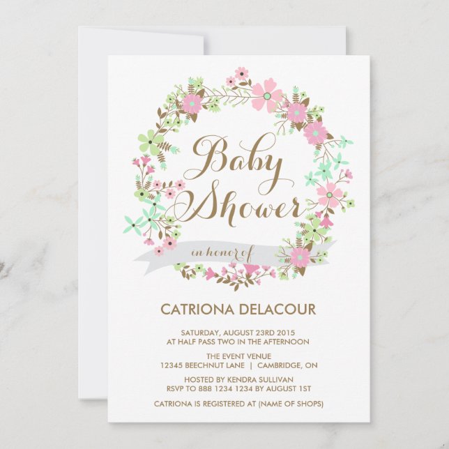 Invitation au Baby shower de couronne florale (Devant)