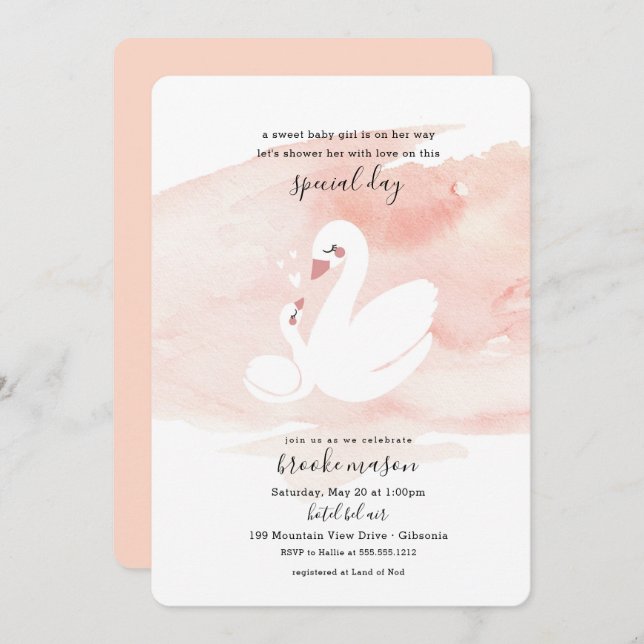 Invitation au Baby shower de cygne doux (Devant / Derrière)