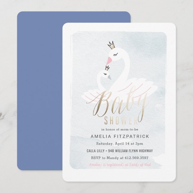 Invitation au Baby shower de cygne doux avec huile (Devant / Derrière)