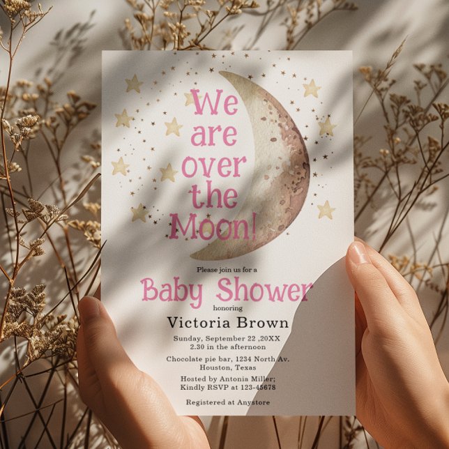 Invitation au Baby shower de fille rose sur la lun (Créateur téléchargé)