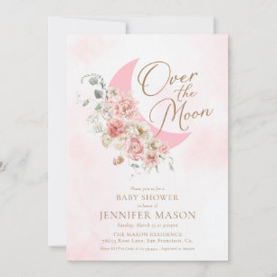 Invitation au Baby shower de fille rose sur la lun