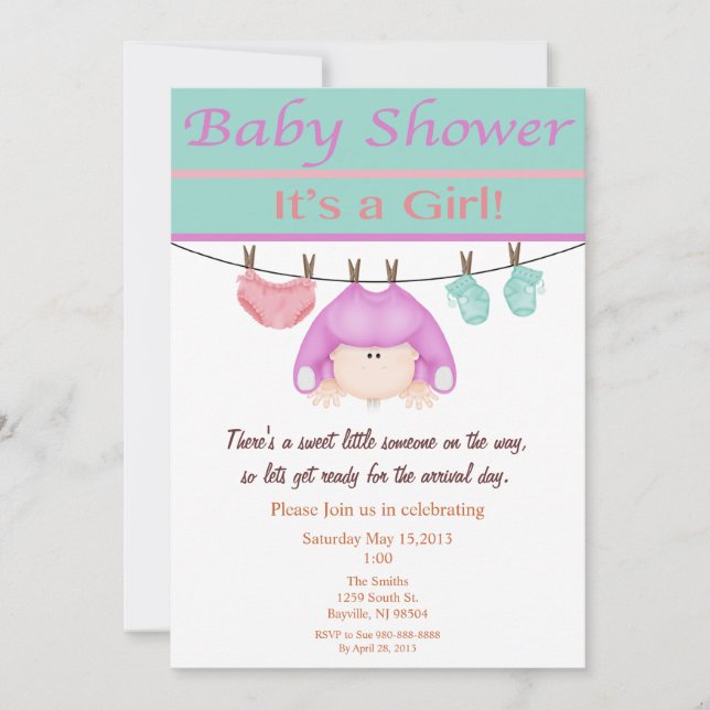 Invitation Au Baby shower De Fille Verte Et Lavand (Devant)