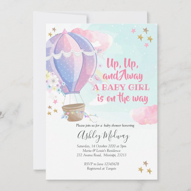 Invitation au Baby shower de filles de ballons à a (Devant)