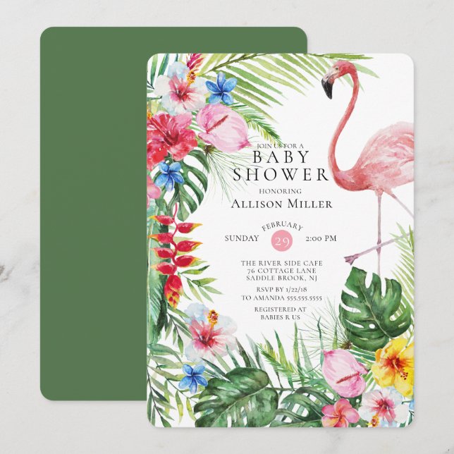 Invitation au Baby shower de Flamant rose floral t (Devant / Derrière)