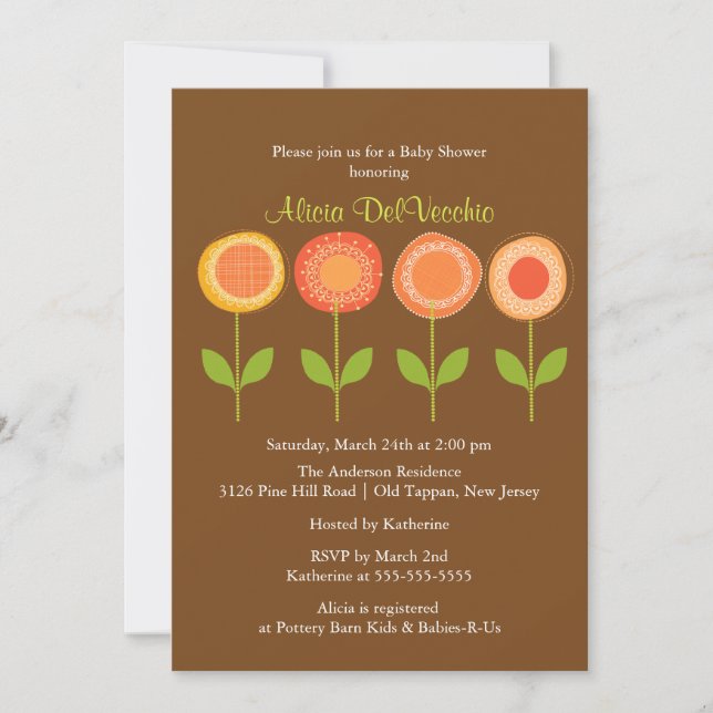 Invitation au Baby shower de fleurs Brown et orang (Devant)