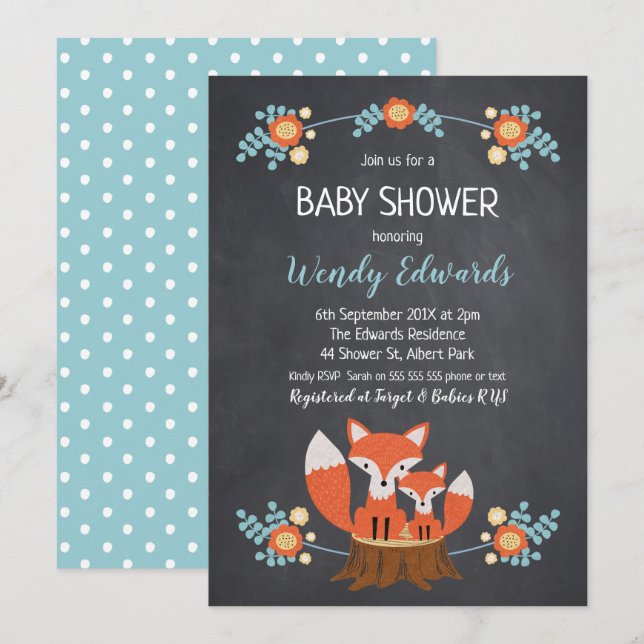 Invitation au Baby shower de Fox Chalkboard de gar (Devant / Derrière)
