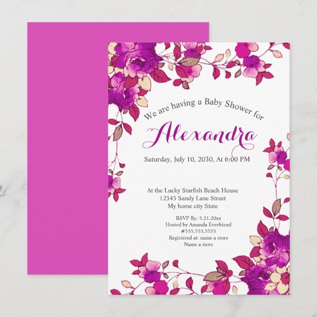 Invitation au Baby shower de fraise rose chaud (Devant / Derrière)