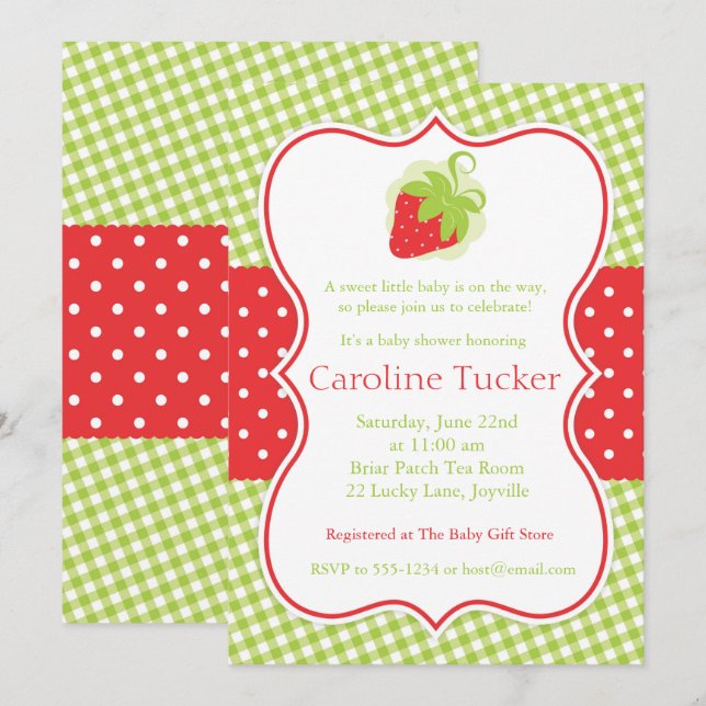 Invitation au Baby shower de fraises en rouge et v (Devant / Derrière)