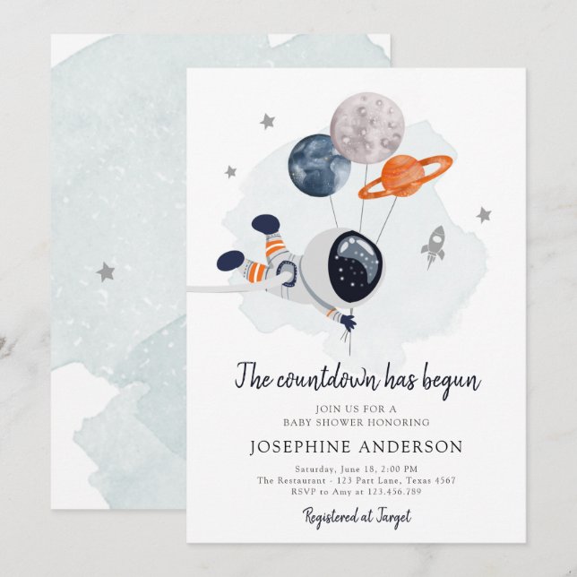 Invitation au Baby shower de garçon de l'astronaut (Devant / Derrière)