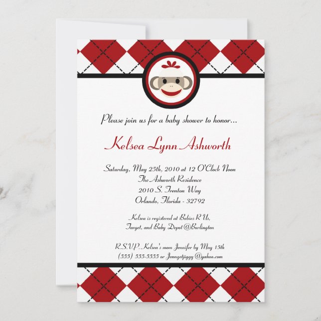 Invitation au Baby shower de jouet de singe rouge  (Devant)