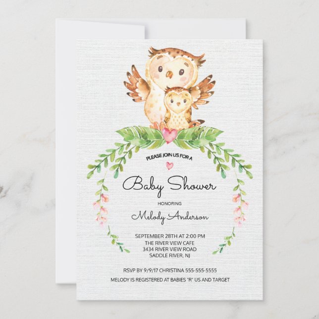 Invitation au Baby shower de la Chouette des bois  (Devant)