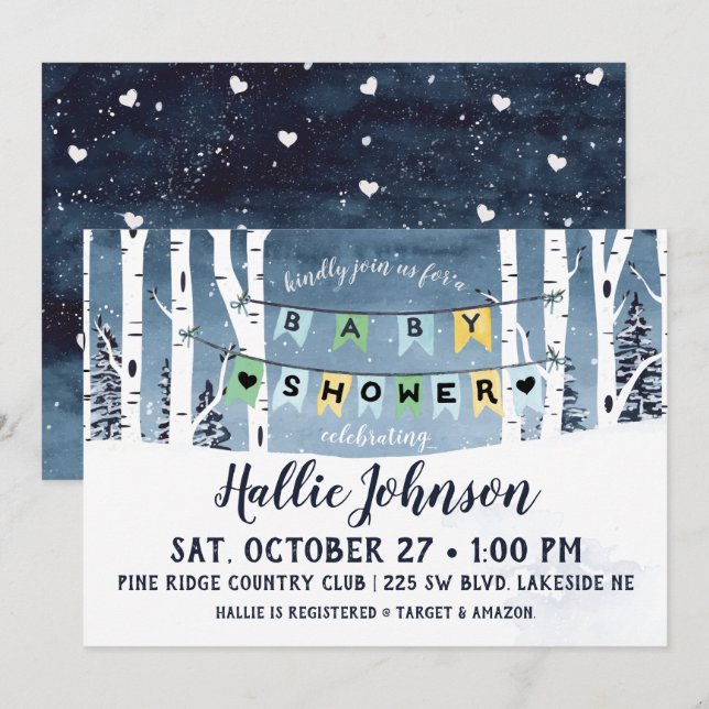 Invitation au Baby shower de la forêt d'hiver (Devant / Derrière)