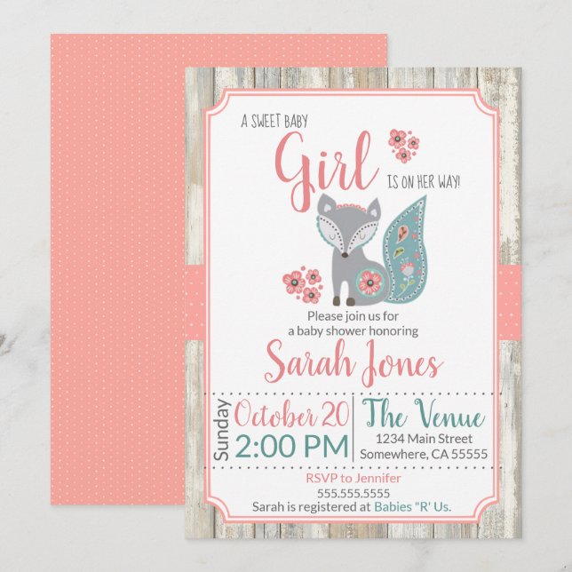 Invitation au Baby shower de la Fox de bébés - Fil (Devant / Derrière)