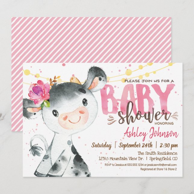 Invitation au Baby shower de la vache, Pink Farm (Devant / Derrière)