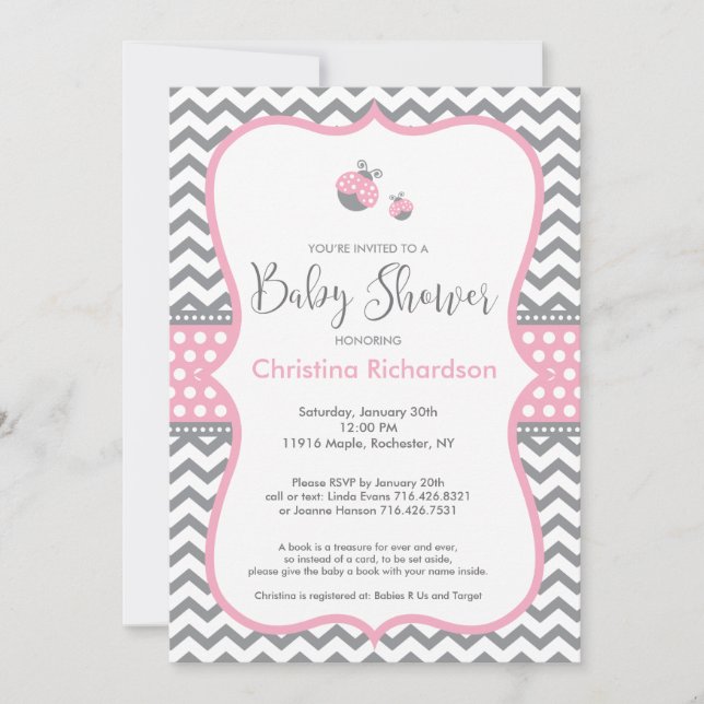 Invitation au Baby shower de Ladybug rose (Devant)