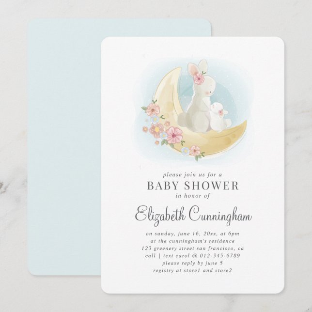 Invitation au Baby shower de lapin d'Aquarelle Mam (Devant / Derrière)