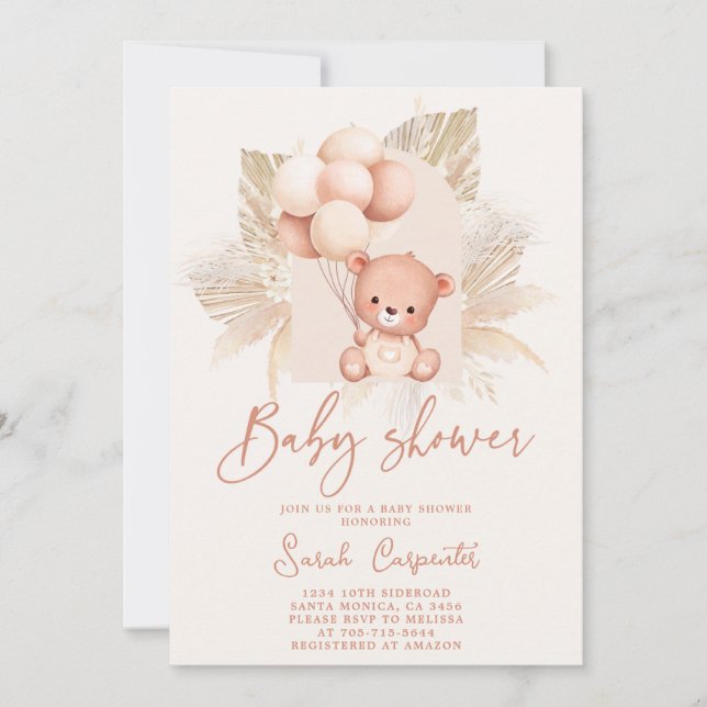 Invitation au Baby shower de l'ours de Boho (Devant)
