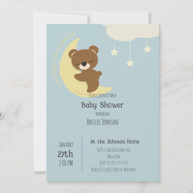 Invitation au Baby shower de l'ours de la Lune (Devant)