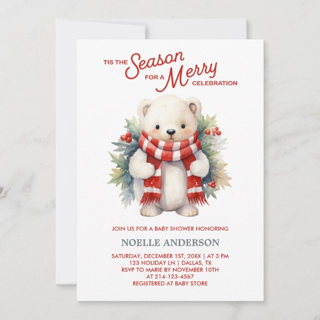 Invitation au Baby shower de l'ours de Noël (Devant)