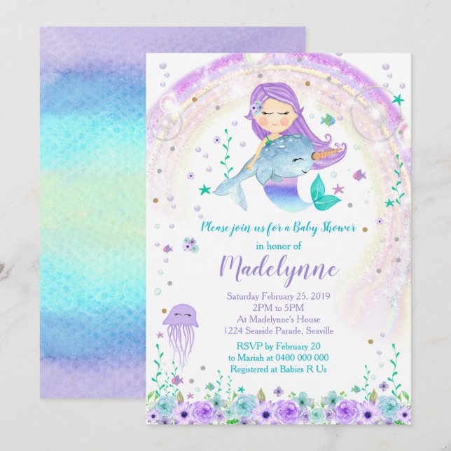Invitation au Baby shower de Mermaid et Narwhal (Devant / Derrière)