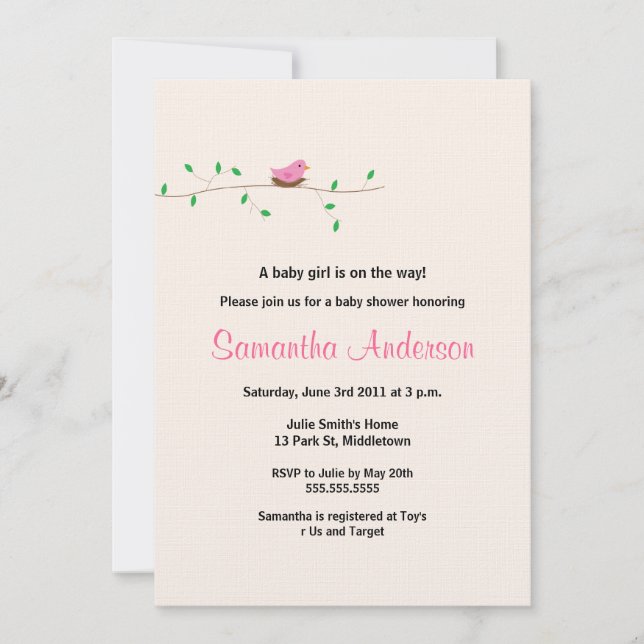 Invitation au Baby shower de nid d'oiseaux pour bé (Devant)