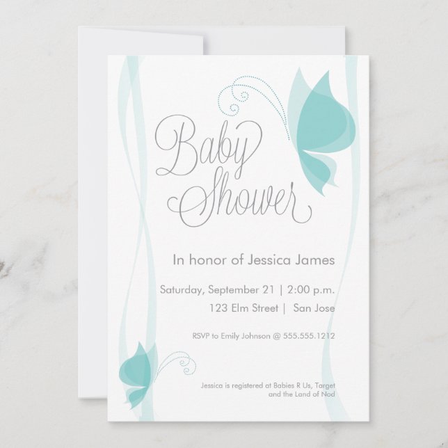 Invitation au baby shower de papillon - bleu (Devant)