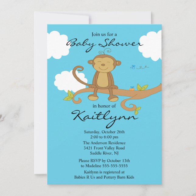 Invitation au Baby shower de petit singe sucré (Devant)