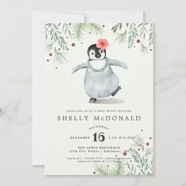 Invitation au Baby shower de pingouin d'hiver (Devant)