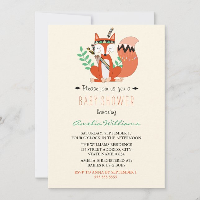 Invitation au Baby shower de renard des bois triba (Devant)