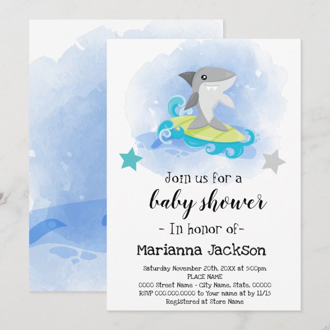 Invitation au Baby shower de requins (Devant / Derrière)