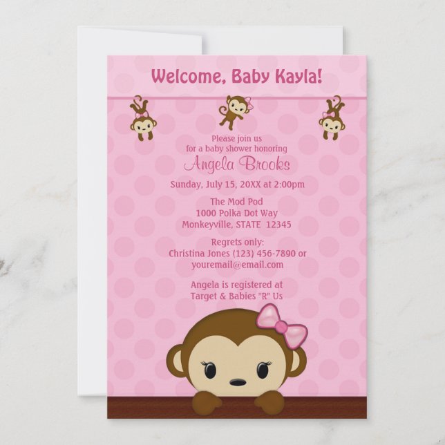 Invitation au Baby shower de SINGE Polka Dot PINK  (Devant)
