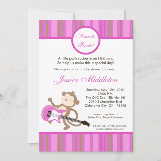Invitation au Baby shower de singe Rocker de Girl  (Devant)