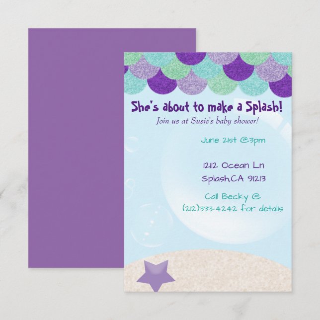 Invitation au baby shower de sirène (Devant / Derrière)