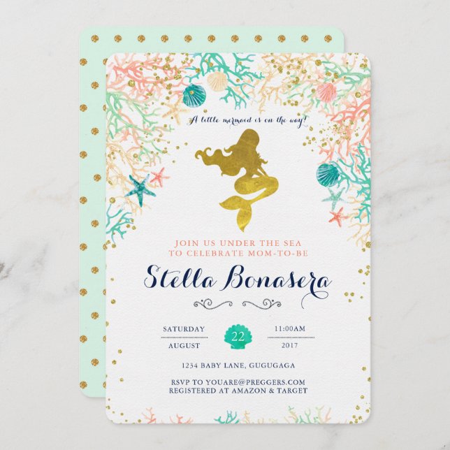 Invitation au Baby shower de sirènes (Devant / Derrière)