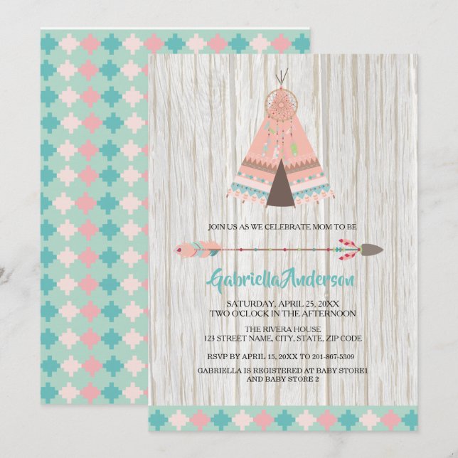 Invitation au Baby shower de Teepee de la tribu Bo (Devant / Derrière)