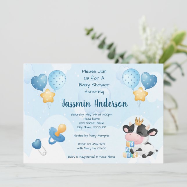 Invitation au Baby shower de vache aquarelle (Debout devant)