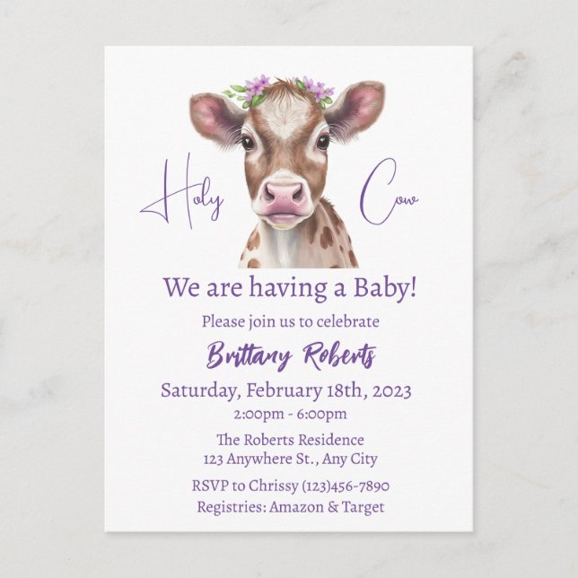 Invitation au Baby shower de vache Floral Highland (Devant)