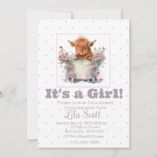 Invitation au baby shower de vache Girl Highland