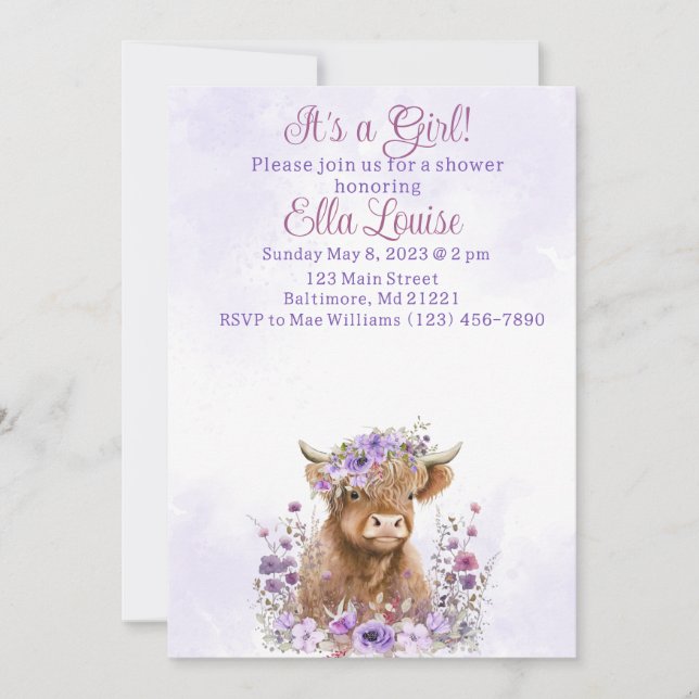 Invitation au baby shower de vache Girl Highland (Devant)