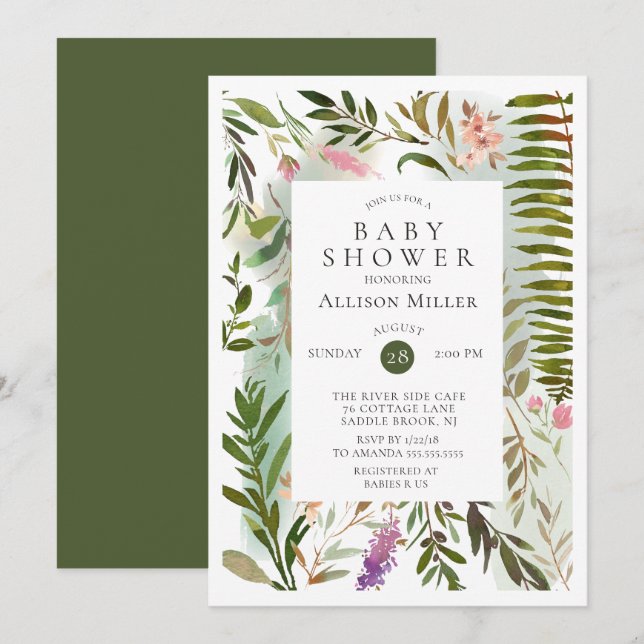 Invitation au Baby shower de verdure moderne (Devant / Derrière)