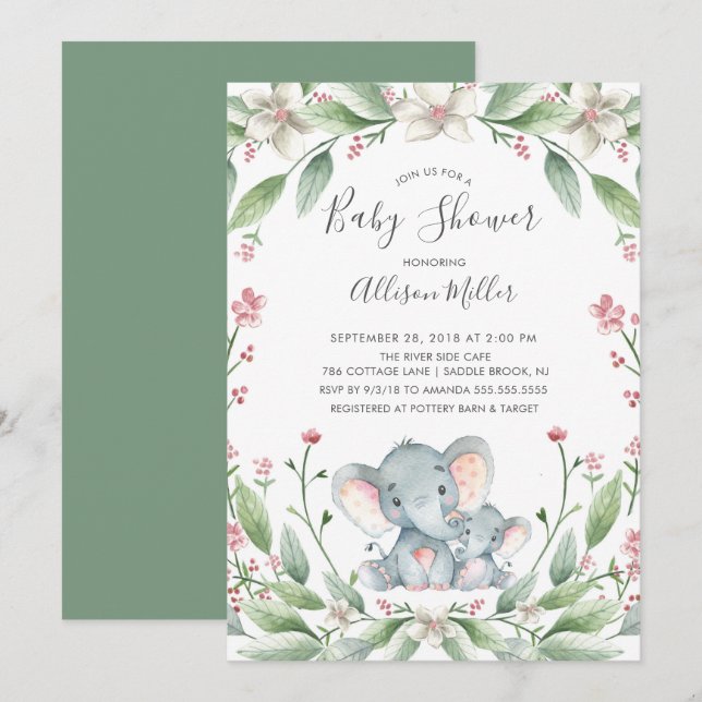 Invitation au Baby shower d'éléphant doux (Devant / Derrière)
