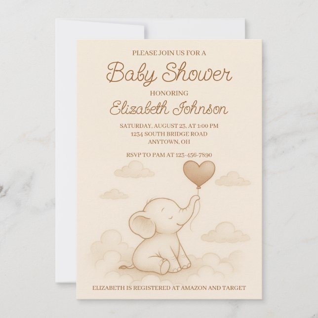 Invitation au Baby shower d'éléphant doux (Devant)