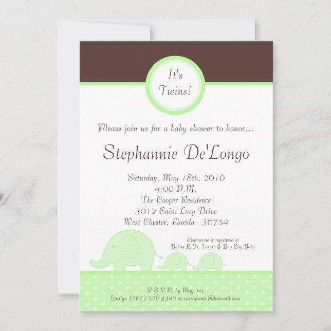 Invitation au Baby shower d'éléphant Green Twin Mo (Devant)