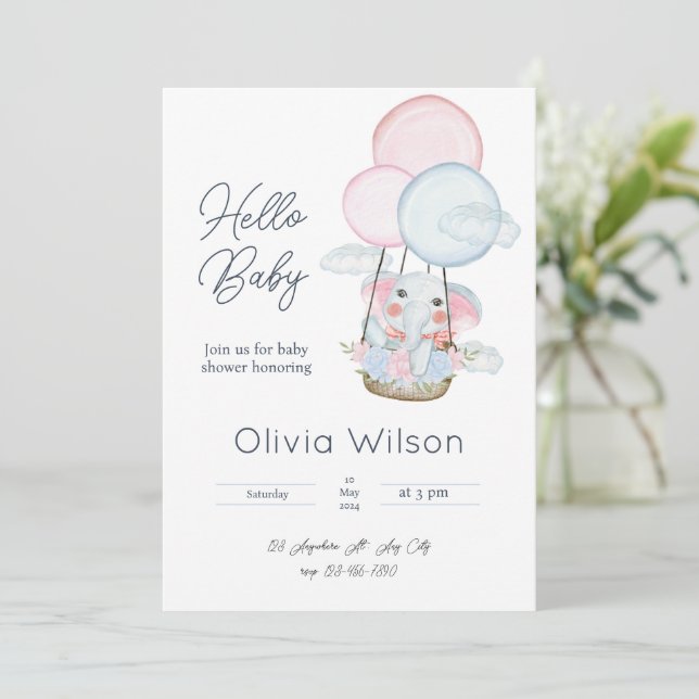 Invitation au Baby shower d'éléphant minimal blanc (Debout devant)