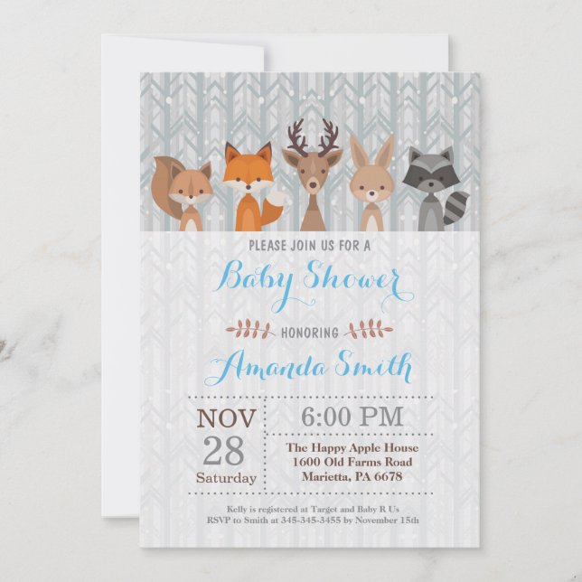 Invitation au Baby shower des animaux de bois d'hi (Devant)