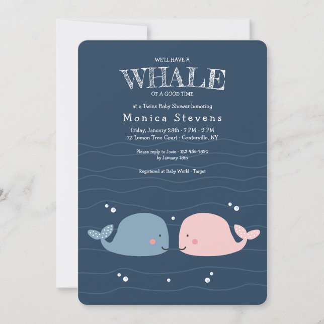 Invitation au Baby shower des baleines jumelles (Devant)